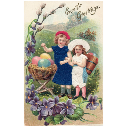 Easter Greeting Children in Field w/ Easter Eggs & Lilac Flowers Easter Postcard