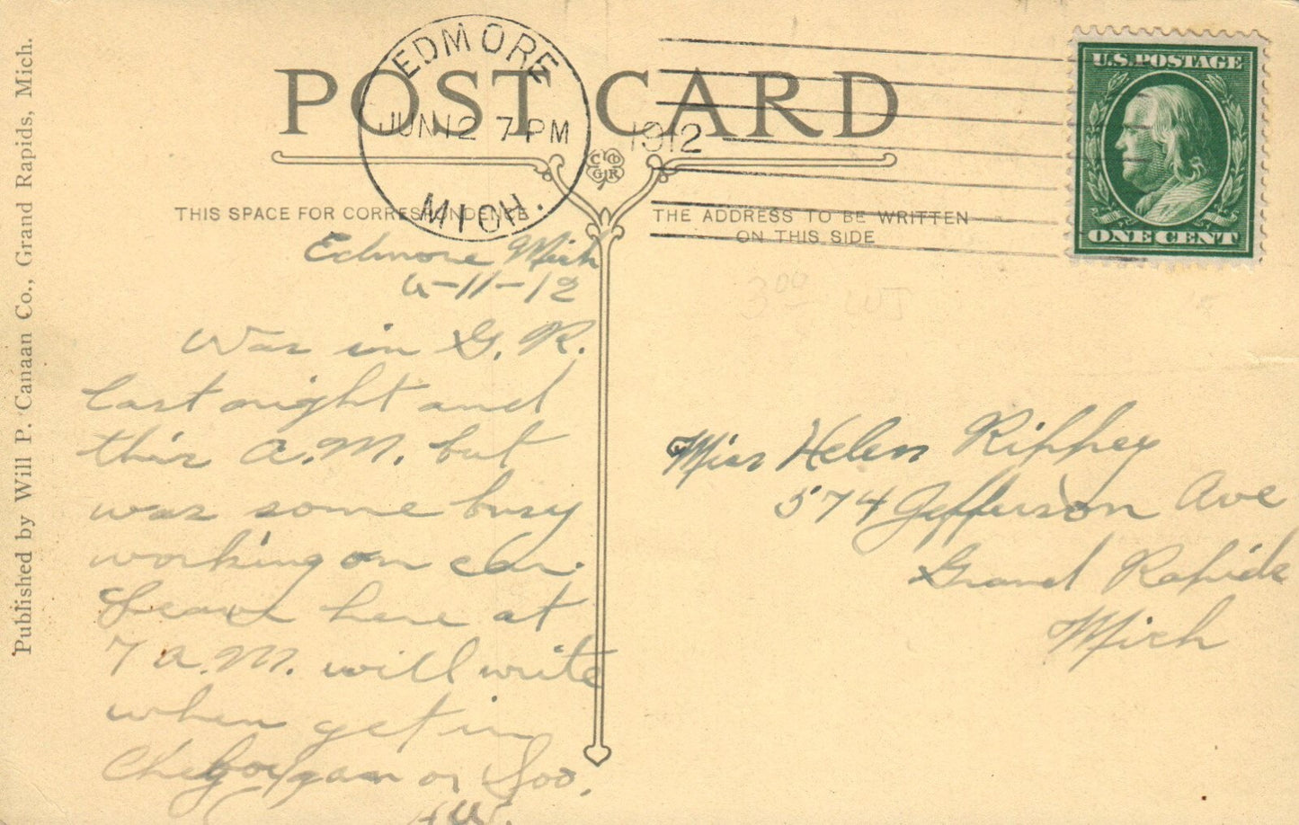 P.M. Depot Edmore Michigan Mich MI Postcard