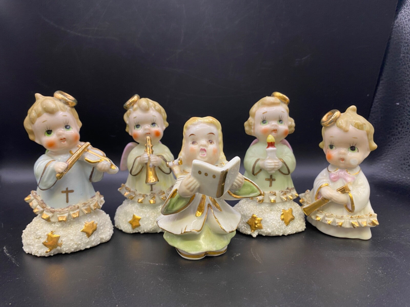 Set Of 5 Vintage 1950s Ajax Japan Ceramic Christmas Music Angel Figurines violin