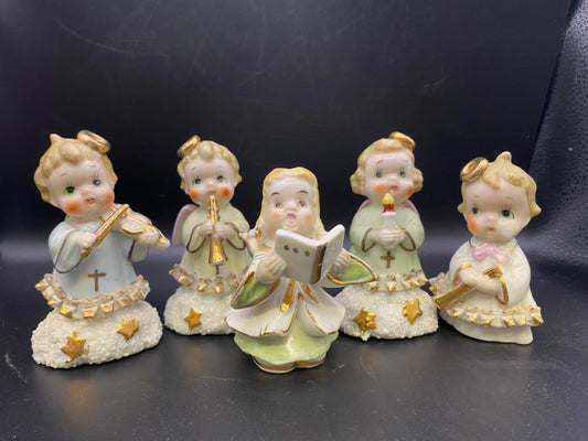 Set Of 5 Vintage 1950s Ajax Japan Ceramic Christmas Music Angel Figurines violin