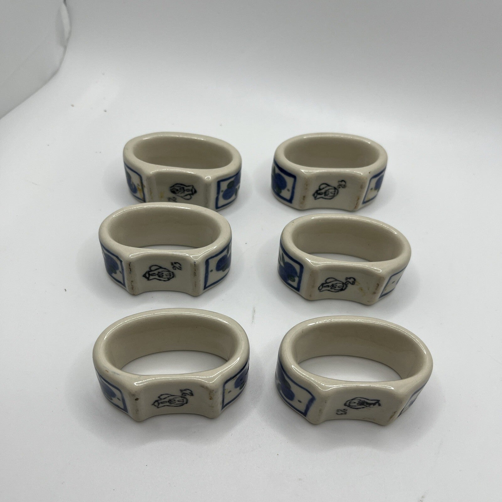 4 Polish Pottery Napkin Rings Hand Painted Floral Blue Cream Yellow