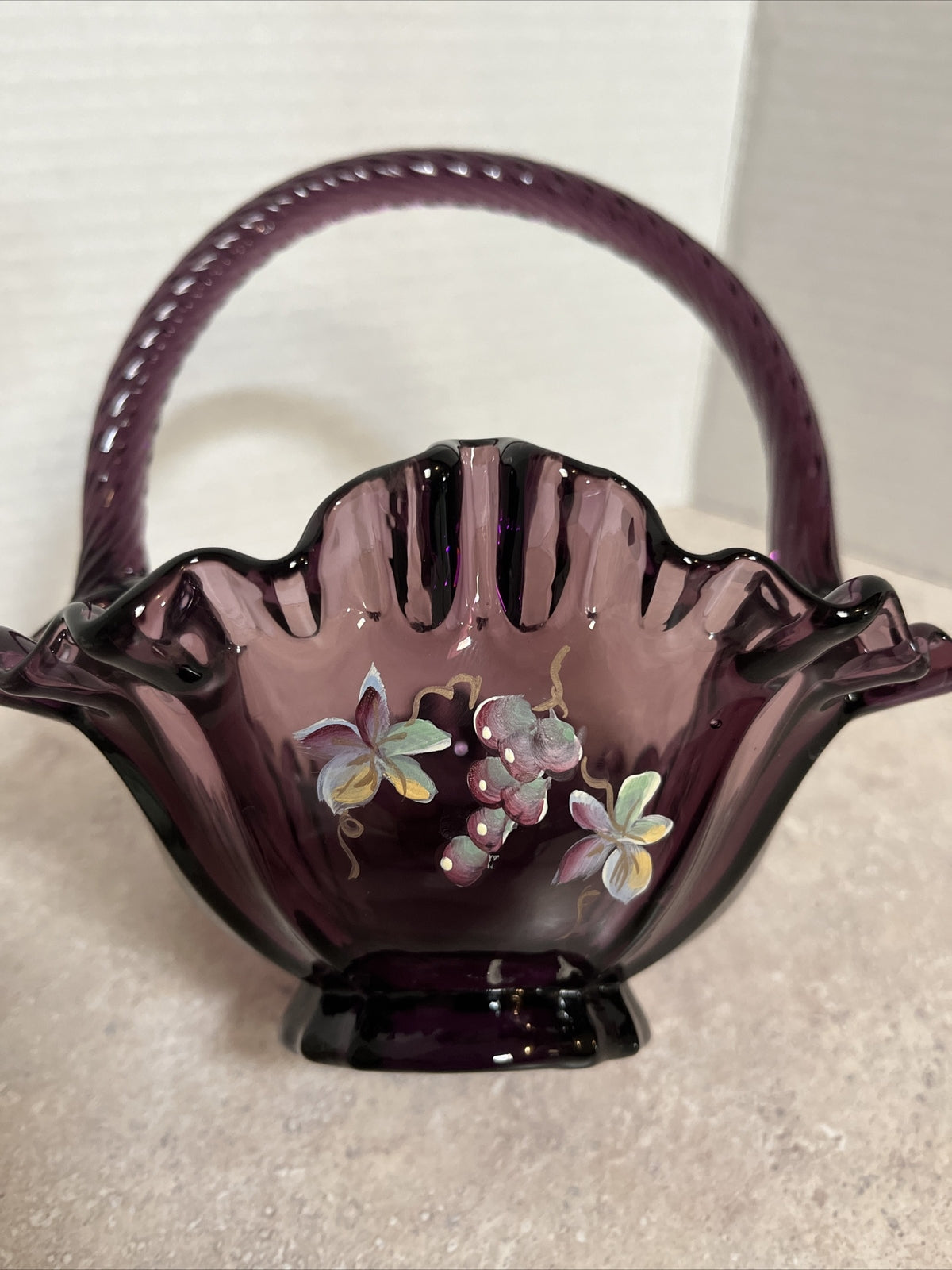 Fenton Art Glass Ruffled Purple Basket With Twisted Handle & signed