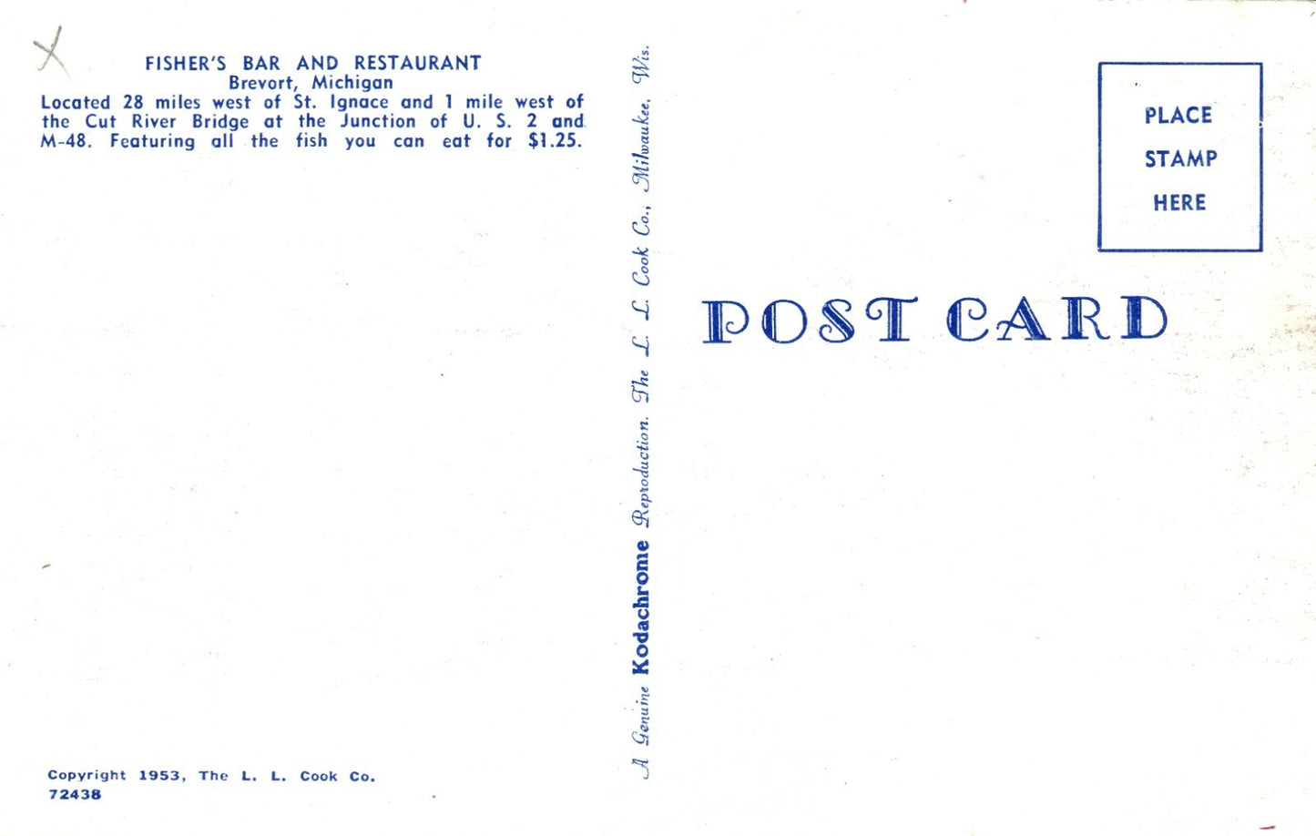 Fisher's Bar and Restaurant Brevort Michigan Mich MI Postcard