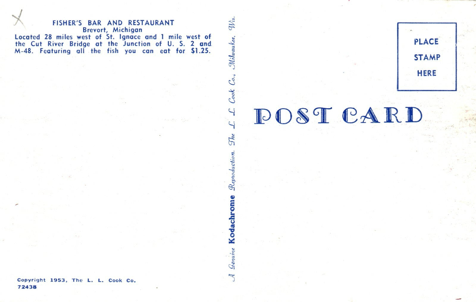 Fisher's Bar and Restaurant Brevort Michigan Mich MI Postcard