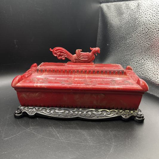 1940s Vintage Asian Red Dragon Celluloid Trinket Jewelry Box 