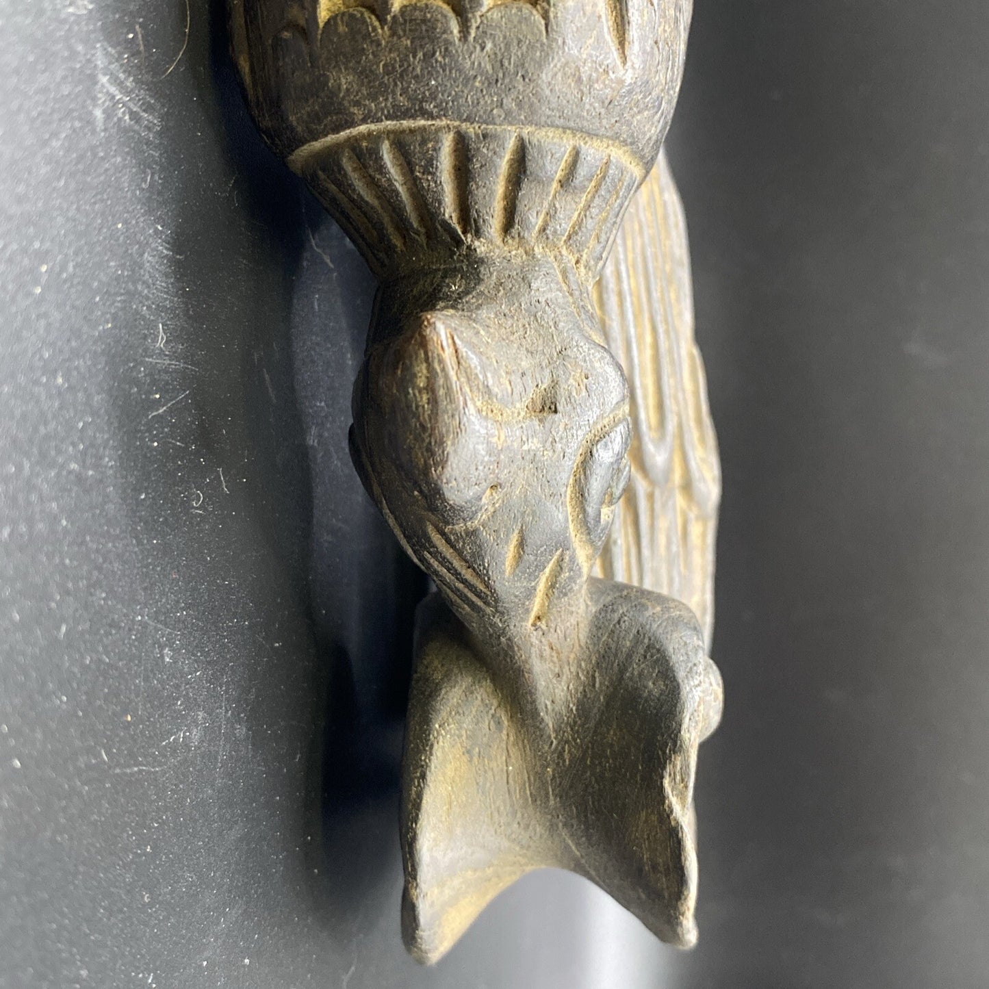 8" Antique Primitive Carved Wood Weaving Loom Pulley  Burmese Burma Bird