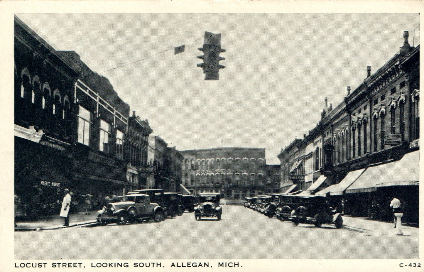 C-432 Locust Street Looking South Old Cars Shops Allegan Michigan  MI Postcard