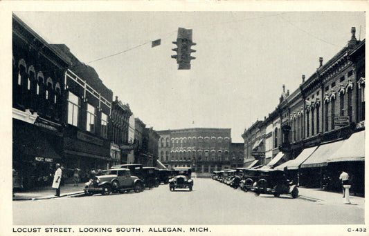 C-432 Locust Street Looking South Old Cars Shops Allegan Michigan  MI Postcard