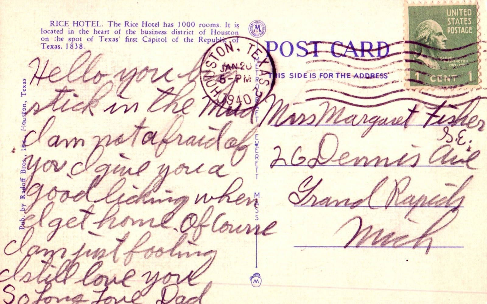 Rice Hotel Houston's Welcome to the World in Houston Tex Texas TX Postcard