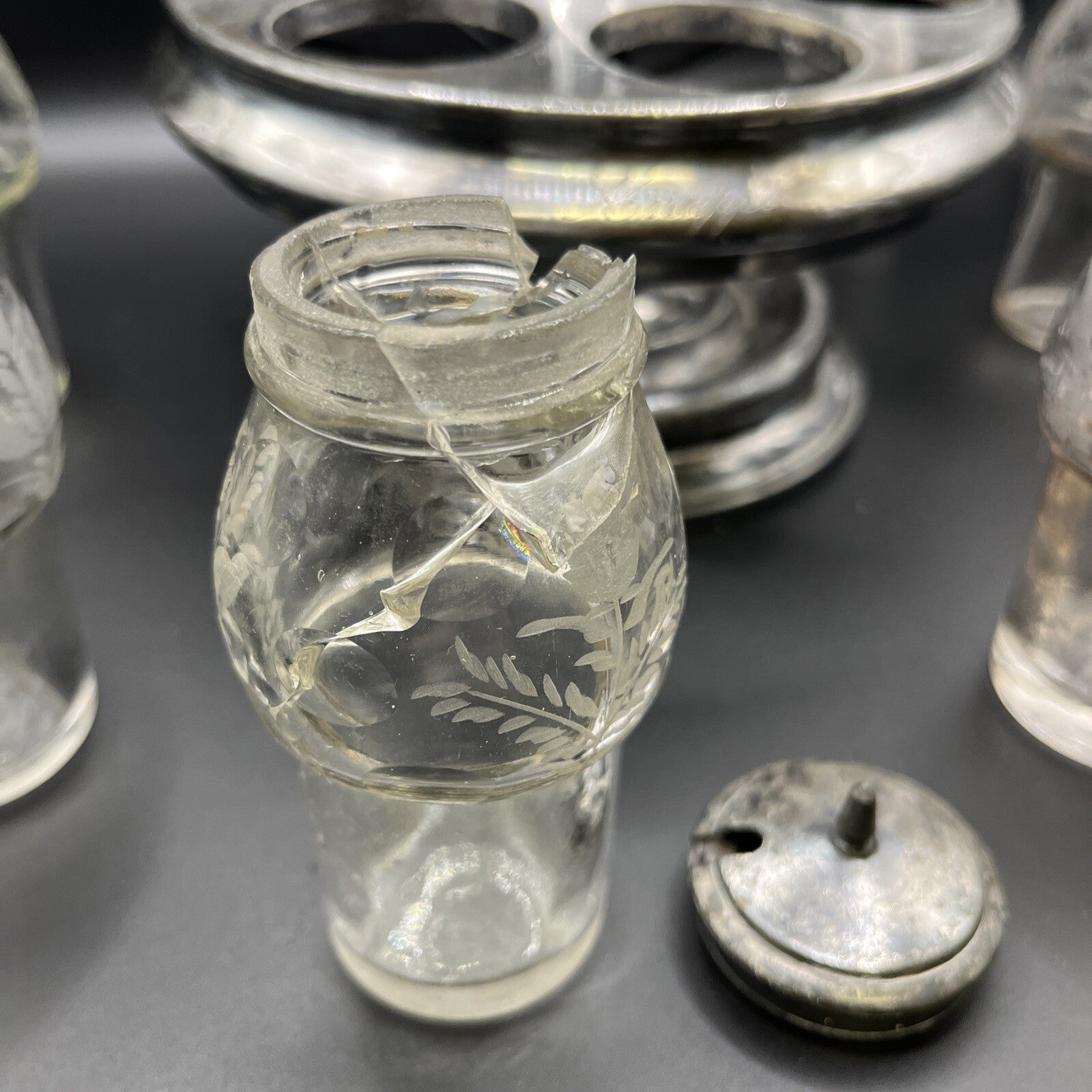 Vintage 6 Pc Condiment castor w/ Etched Glass 14.25"H.