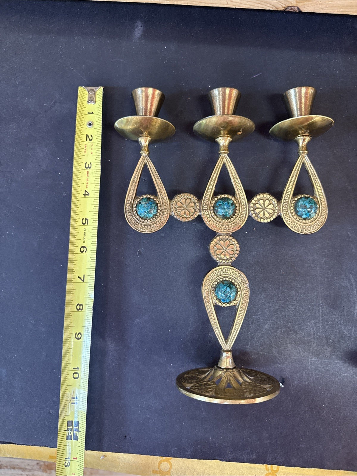 Vtg Israelian holyland brass candlesticks w/green Eliats