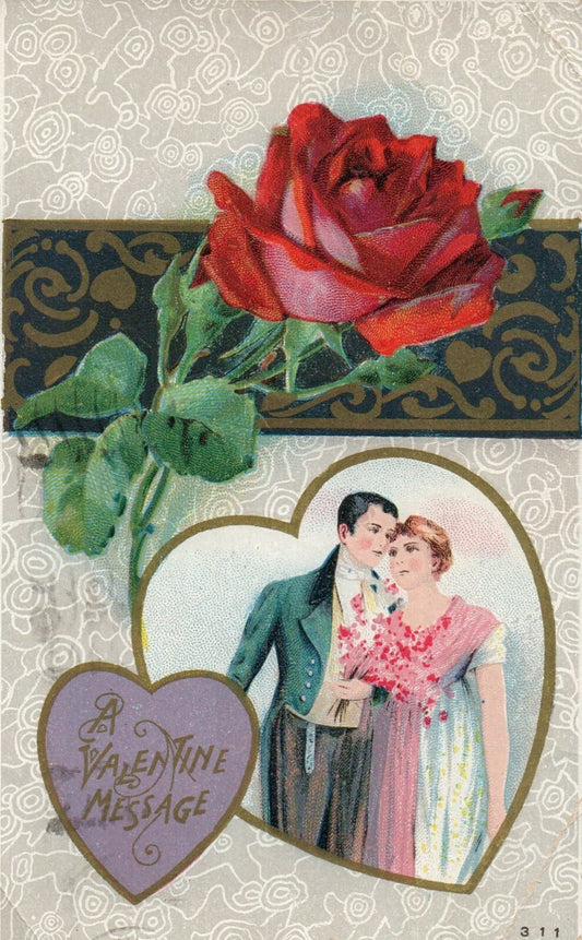 311 Man and Woman Holding Pink Flowers Red Rose Gold Metallic Valentine Postcard