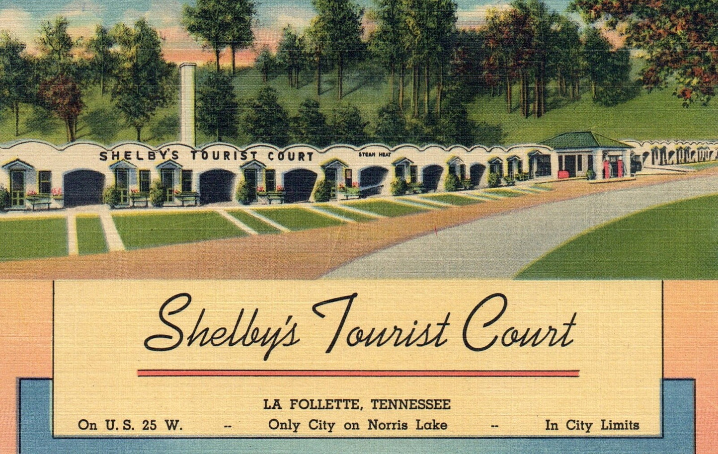 Shelby's Tourist Court La Follette Tennessee TN Postcard Norris Lake Cabins