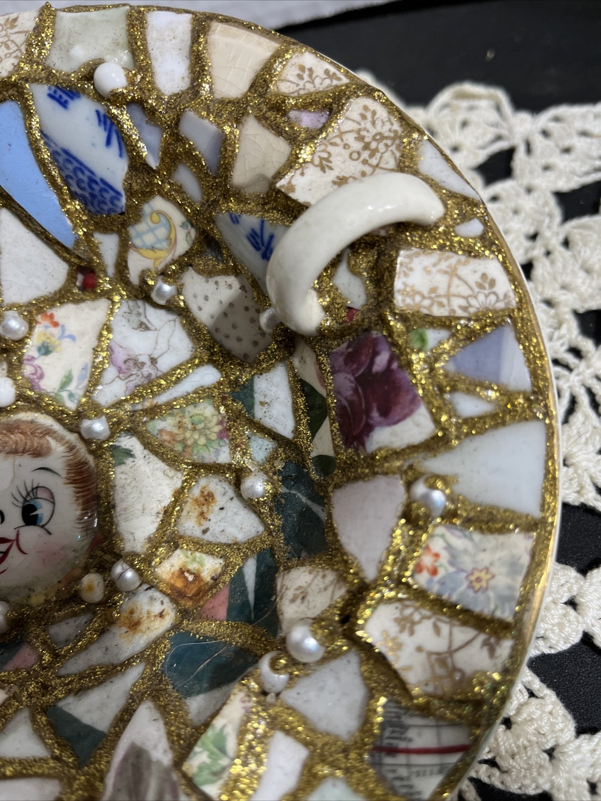 Vintage Hand Cut & Made Mosaic Vintage China Pieces, Funky Fun Piece