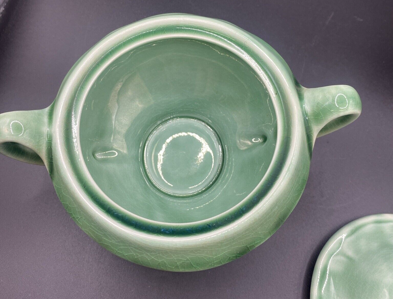 2 Handled Sugar Bowl with Lid Vintage 1930's Mount Clemens Petalware LIGHT Green