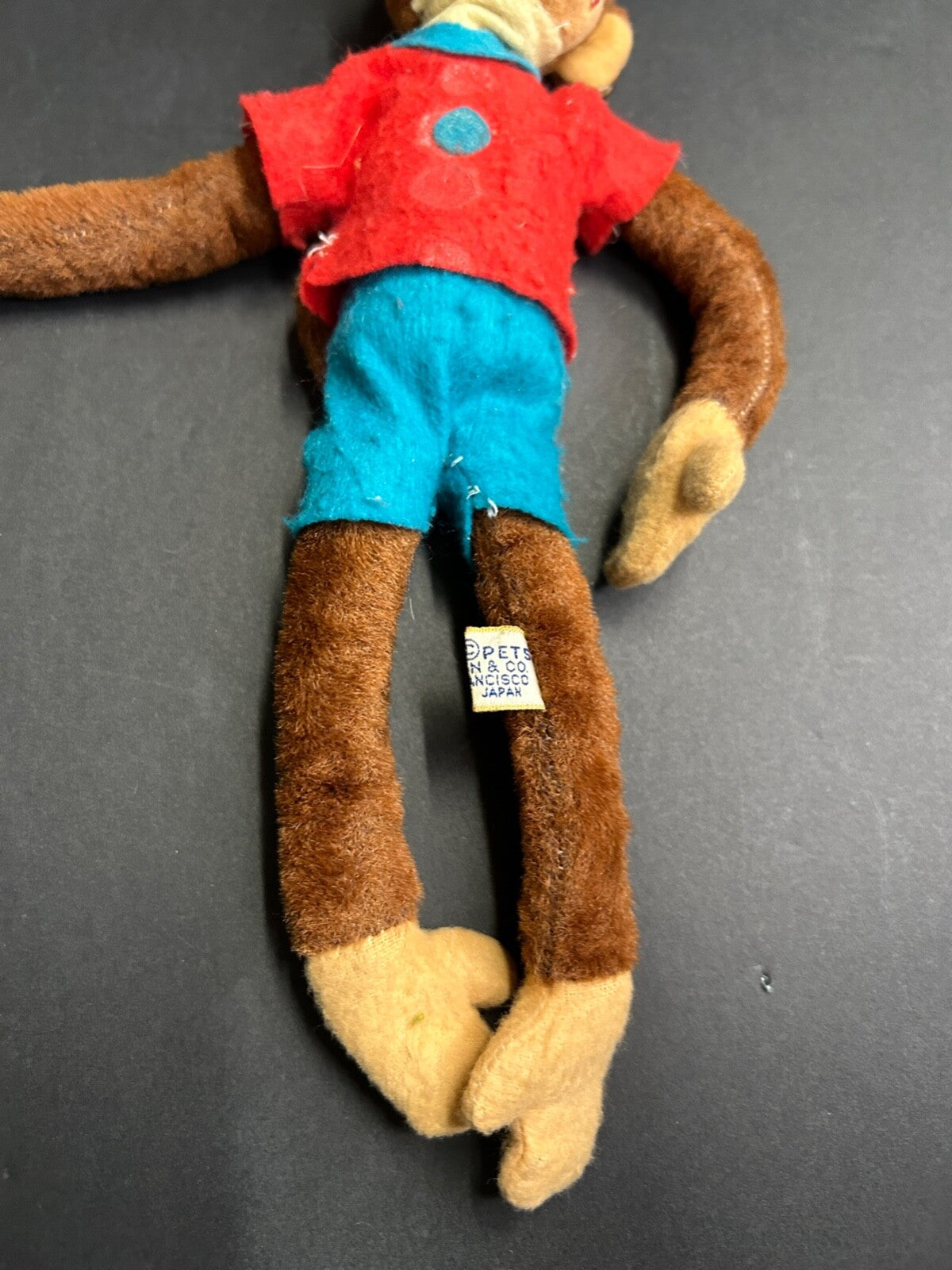 Vintage Dream Pets R Dakin Brown Plush MONKEY Toy Red Shirt Blue Pants Japan