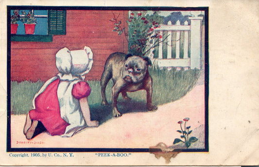1905 Peek A Boo Bonnet Girl Artist signed Dorothy DIxon Bull Dog