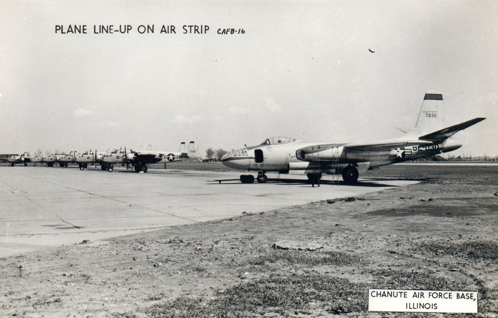 Chanute Air Force Base Line-Up on Air Strip Vintage Airplane Real Photo Postcard