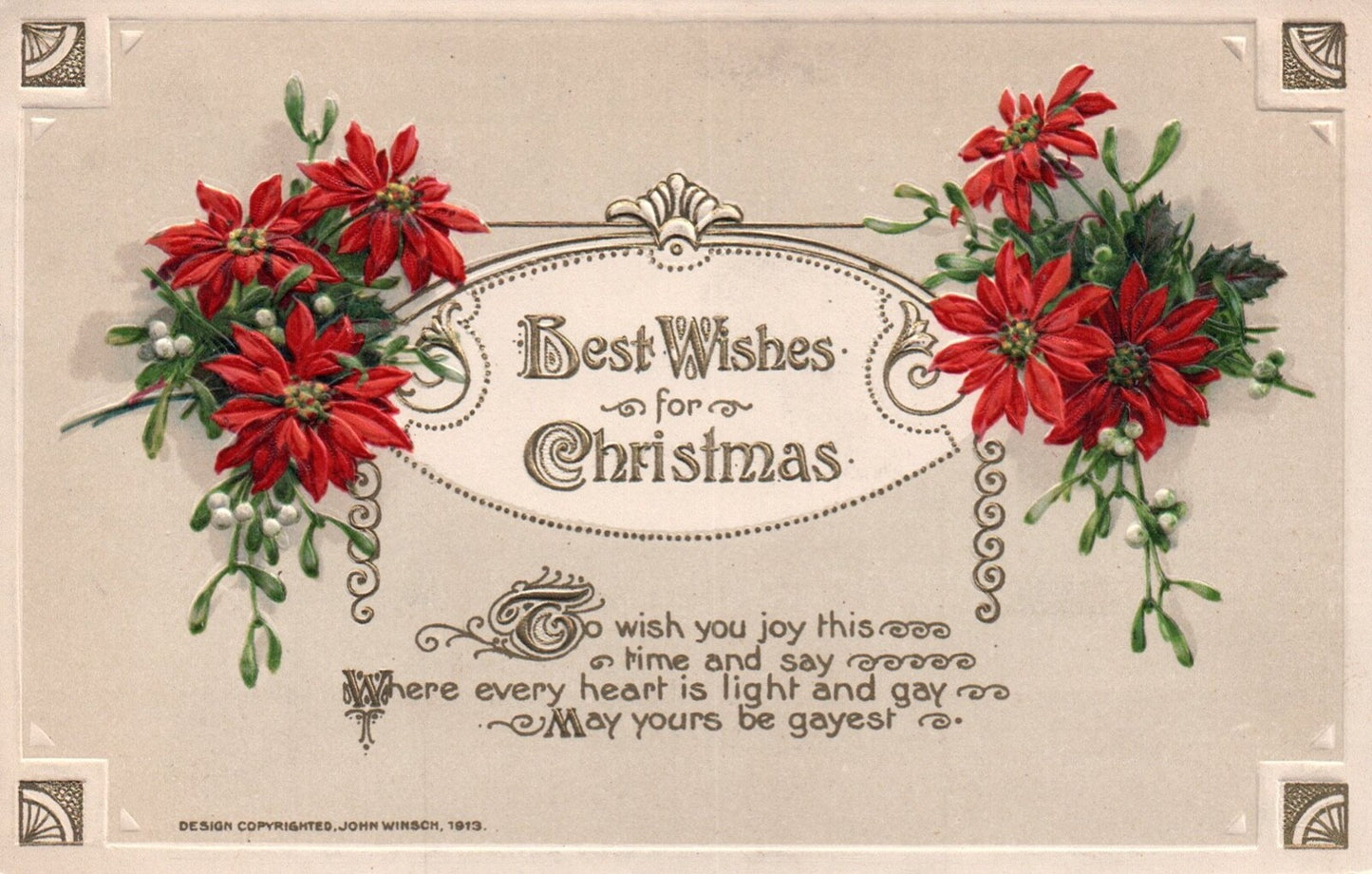 Vintage John Winsch Best Wishes for Christmas Christmas Poinsettia Postcard