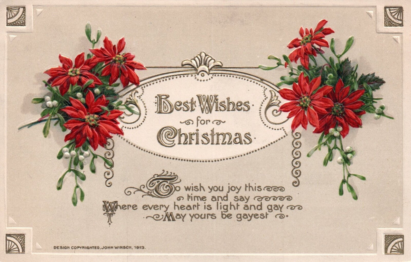 Vintage John Winsch Best Wishes for Christmas Christmas Poinsettia Postcard