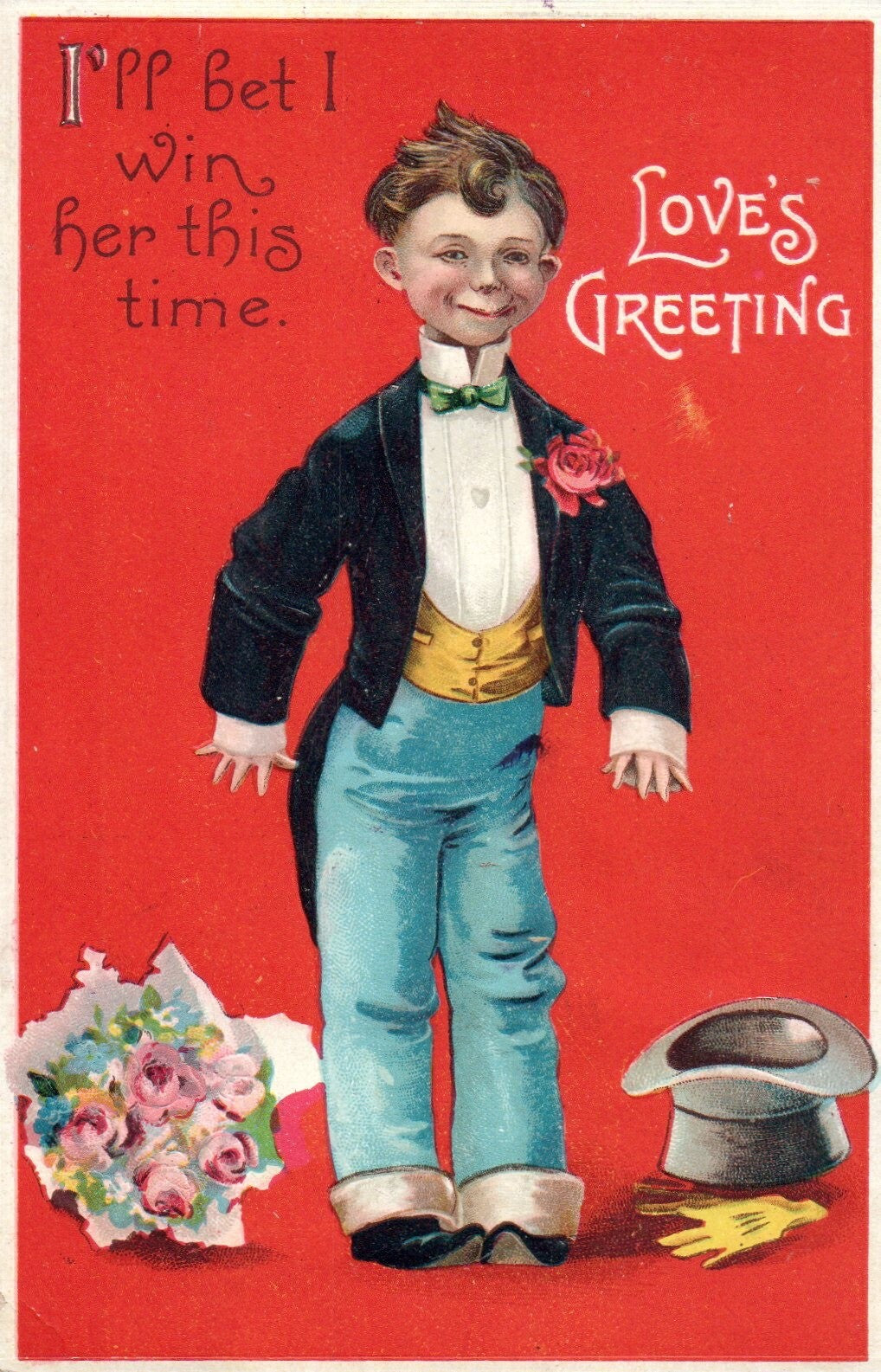 Ellen Clapsaddle Boy In suit I'll bet I win her this time Valentine Postcard