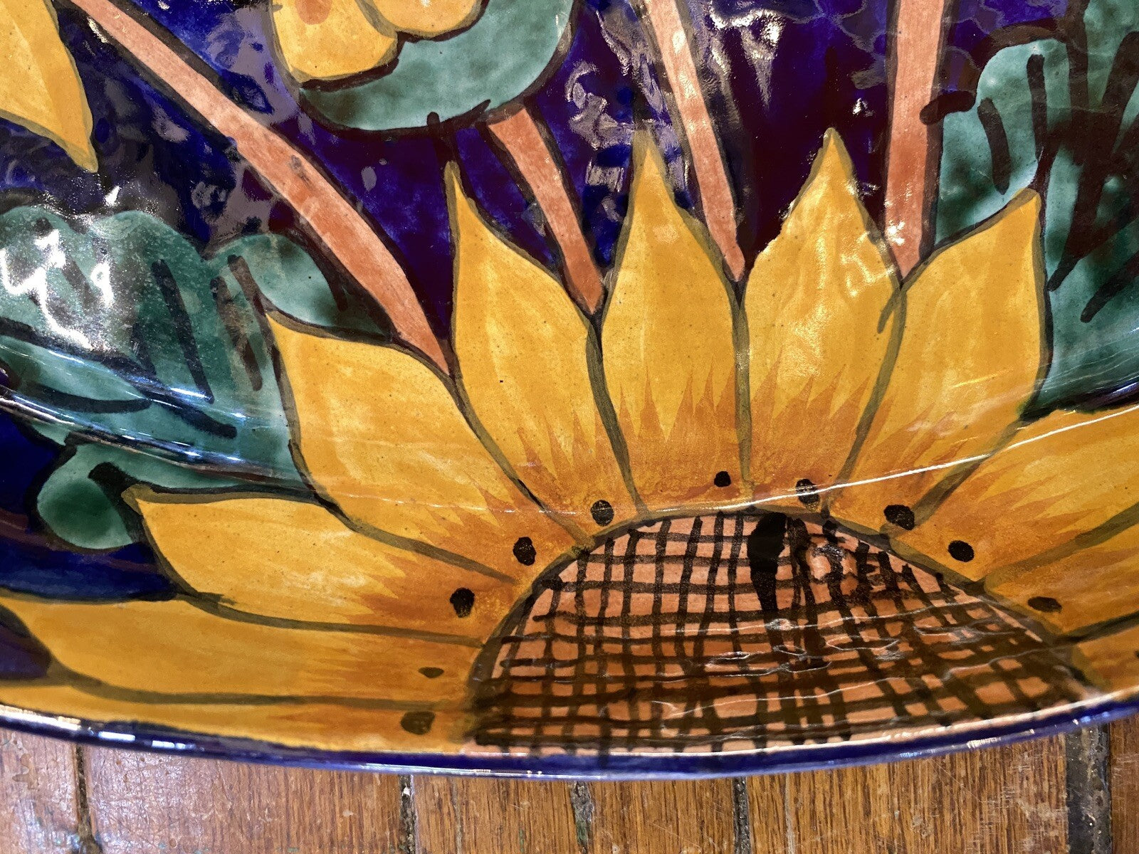 vintage Terracotta Pottery Mexican Talavera 1980's Cobalt Blue Sunflower Platter