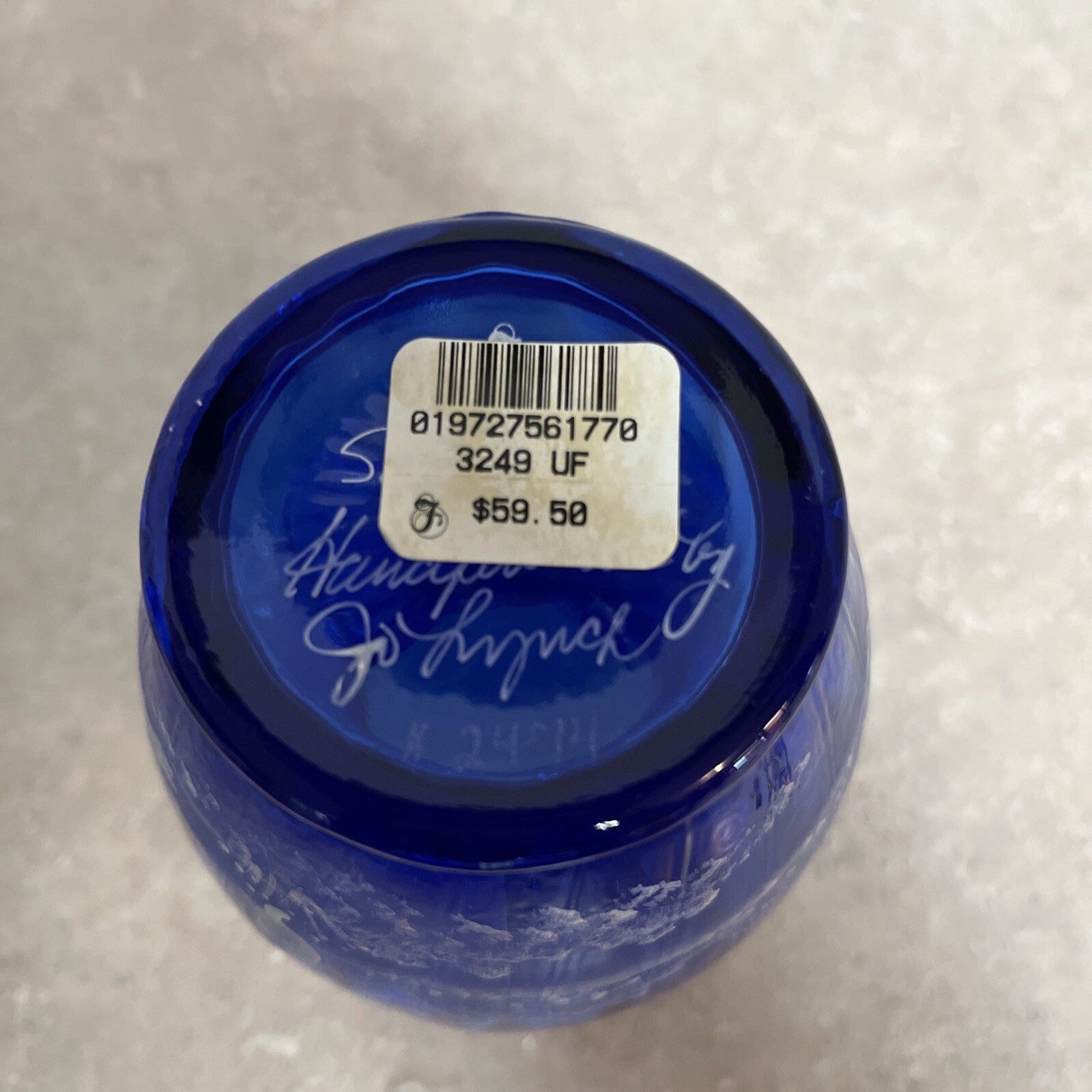 Sue Fenton MARY GREGORY COBALT BLUE VASE Girl Bird Watching W/ Cat 5.75” Signed