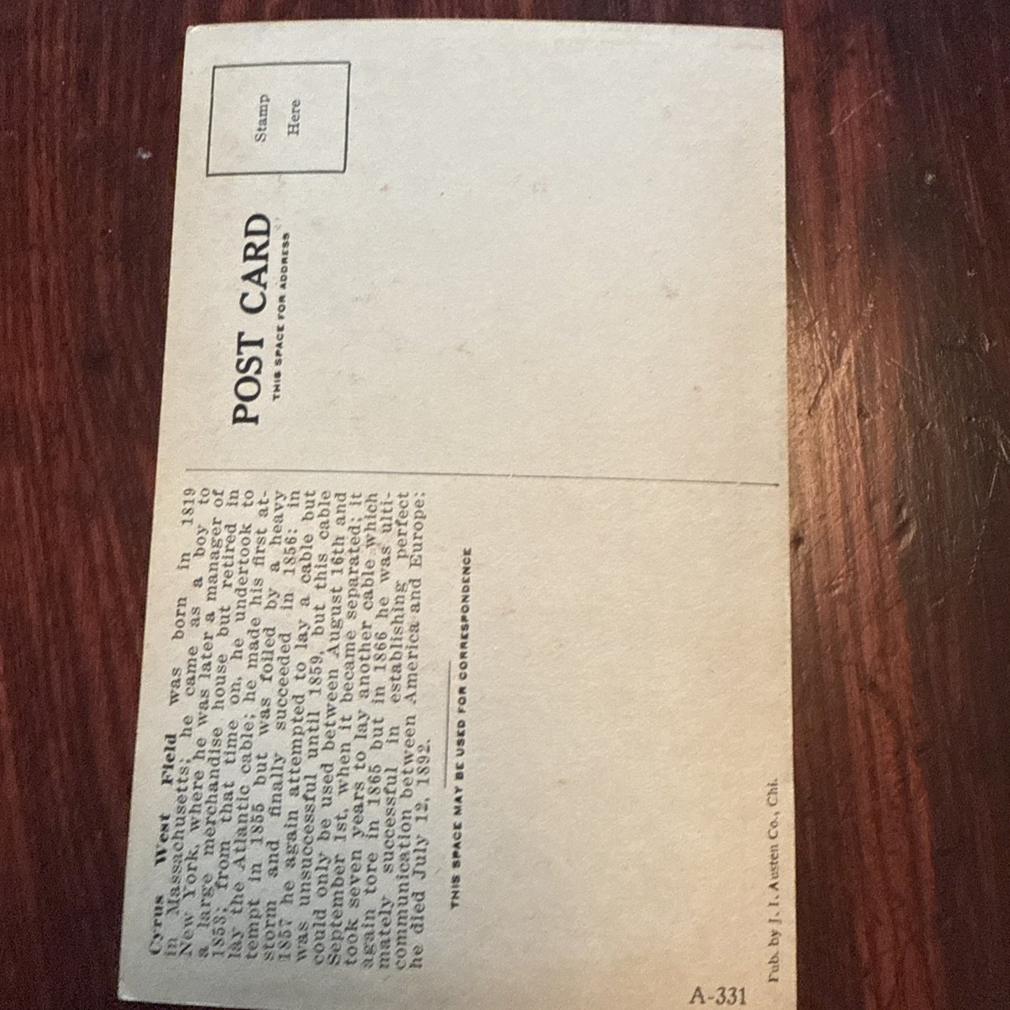 Cyrus West Field by J I Austen Postcard Anvil Ship Plane Train c1910's *Scarce