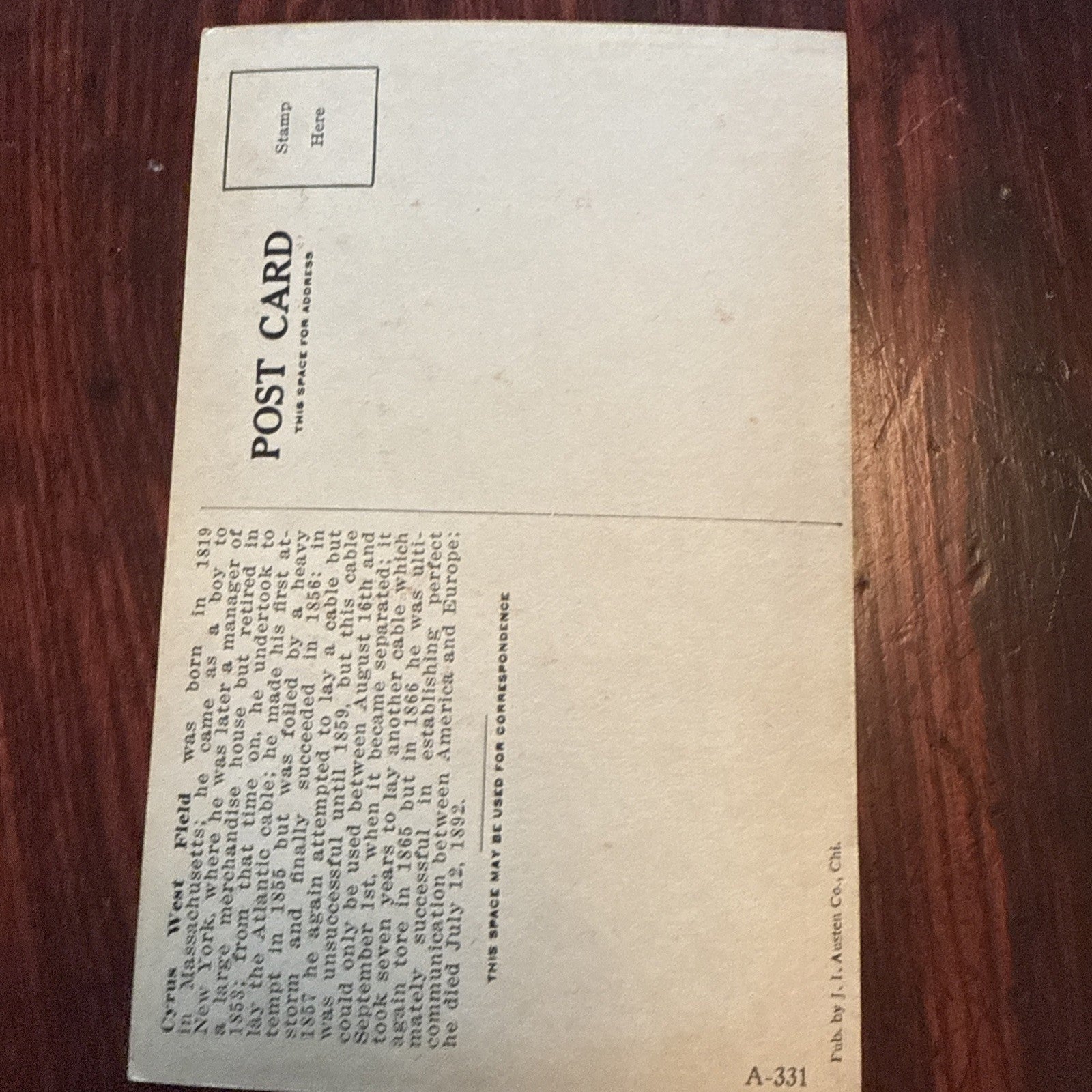 Cyrus West Field by J I Austen Postcard Anvil Ship Plane Train c1910's *Scarce