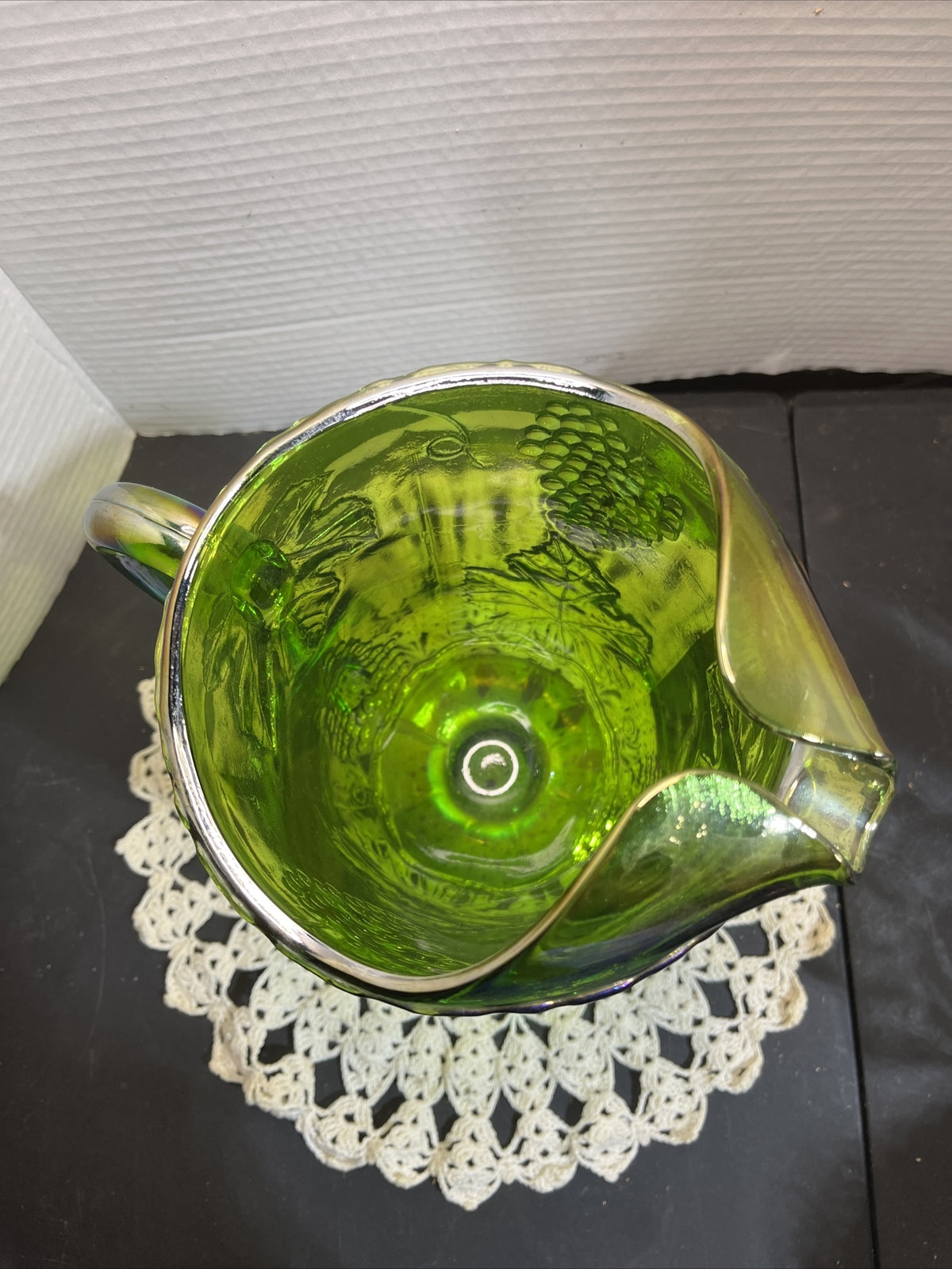 vintage Indiana green glass harvest grape carnival glass pitcher 
