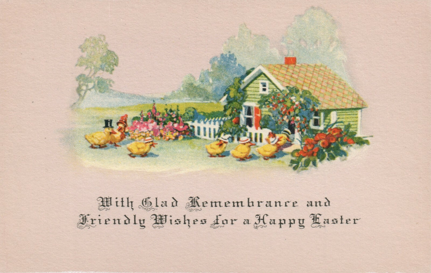 Pink Background Ducks Wearing Hats Flowers House Easter Greetings Postcard