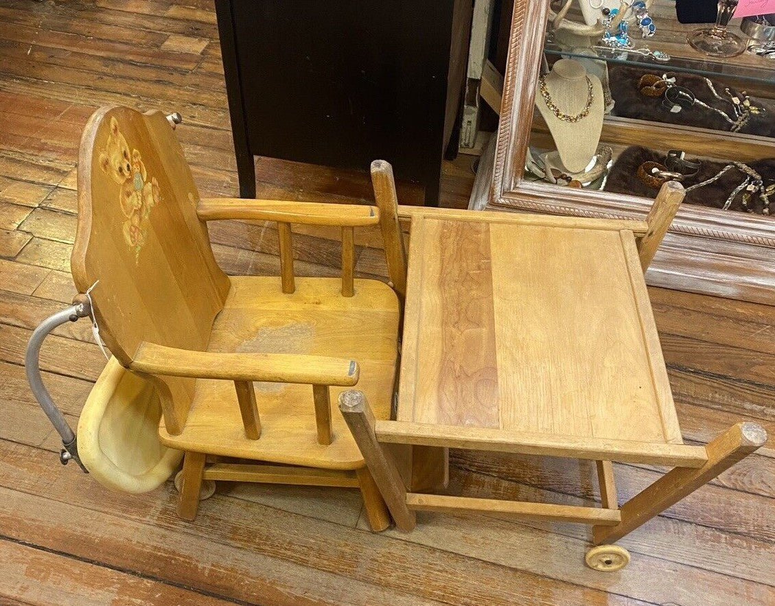 Antique Thayer High Chair Convertible To Play Chair  With Bear  Print Solid Wood