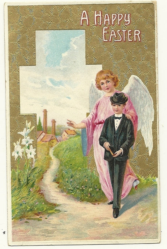 Guardian Easter Angel with boy in suit and hat off to church
