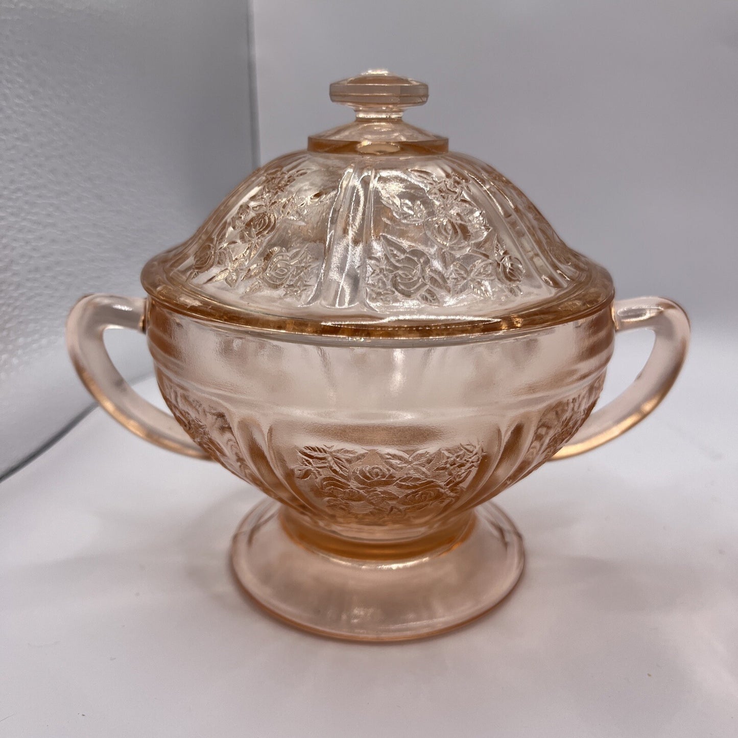 Federal Glass SHARON "Cabbage Rose" Pink Sugar Bowl w lid and pedestal MINT COND