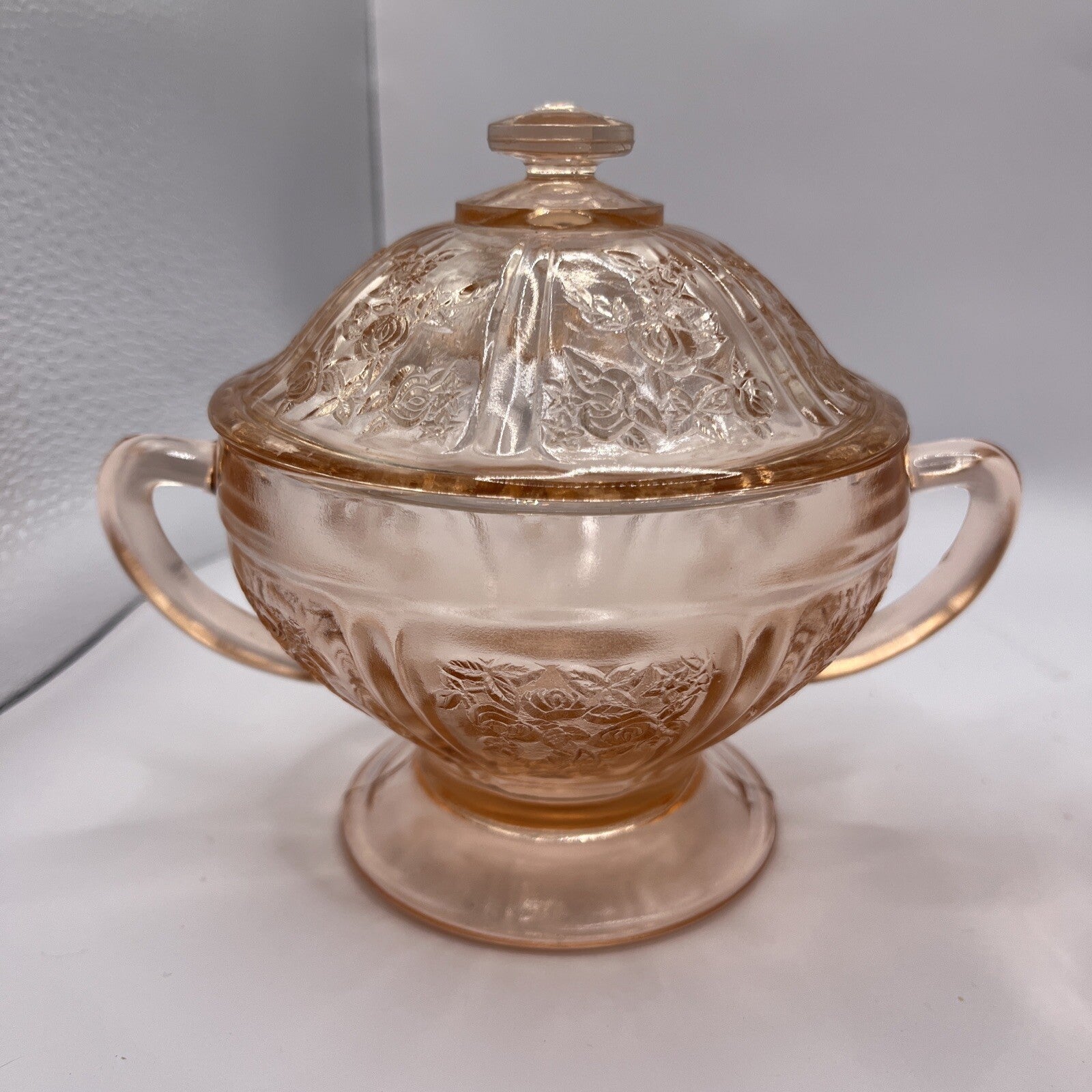 Federal Glass SHARON "Cabbage Rose" Pink Sugar Bowl w lid and pedestal MINT COND