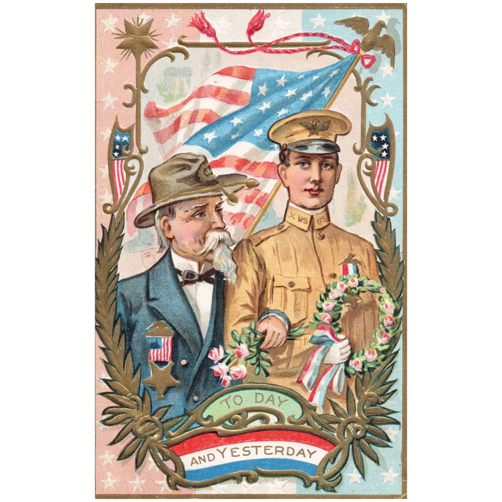 Today And Yesterday Two American Veterans Vintage Patriotic Postcard