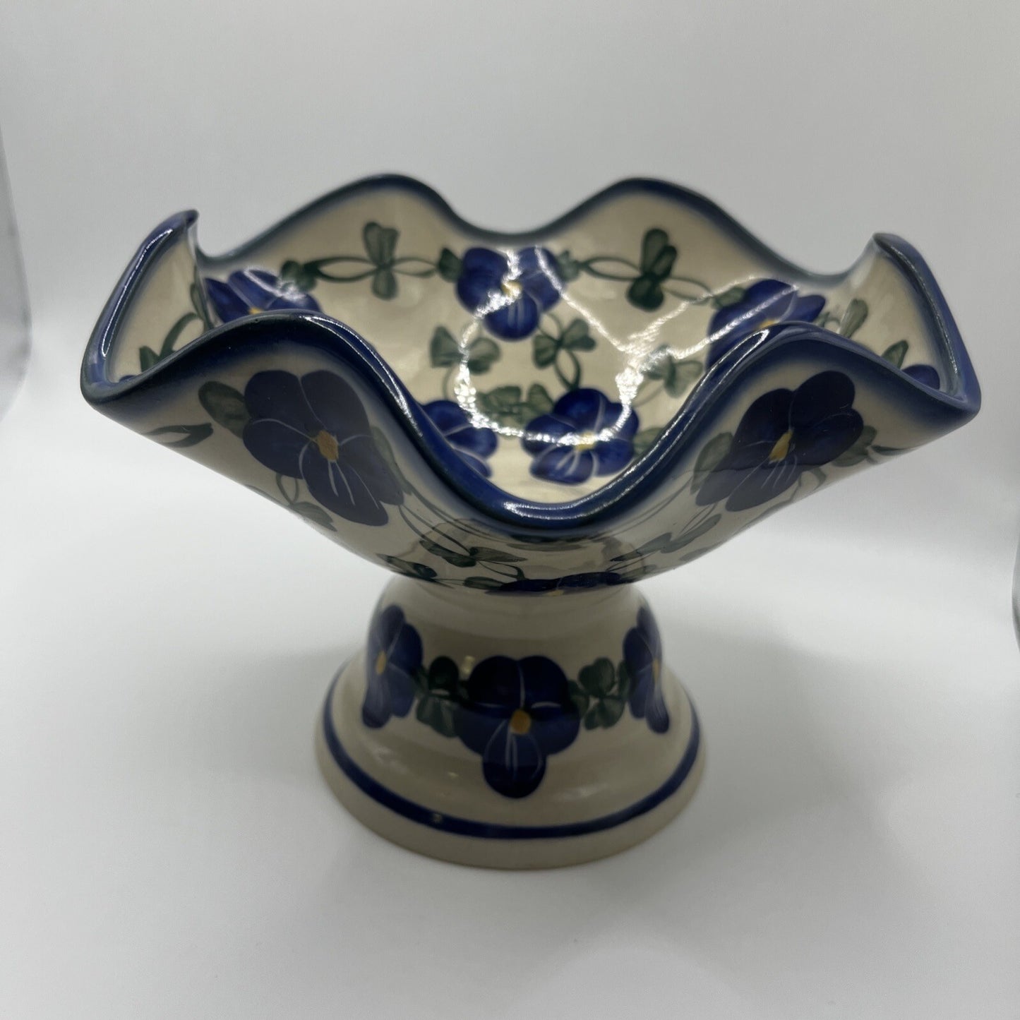 Polish Pottery Bowl With Pedestal Unikat Hand Painted Fluted Fruit Candy Dish