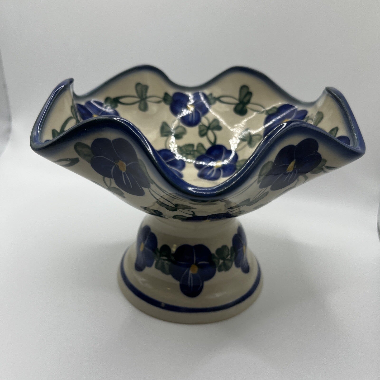 Polish Pottery Bowl With Pedestal Unikat Hand Painted Fluted Fruit Candy Dish