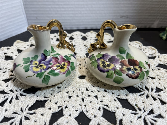 Vintage Pair Small  Colorful Pansy  Porcelain Pitcher/vase with gold gilt trim