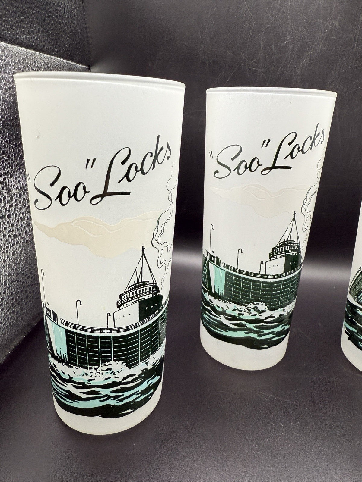 4 Vintage Soo Locks Michigan Souvenir Frosted Glasses Glass  Sault Ste Marie MI