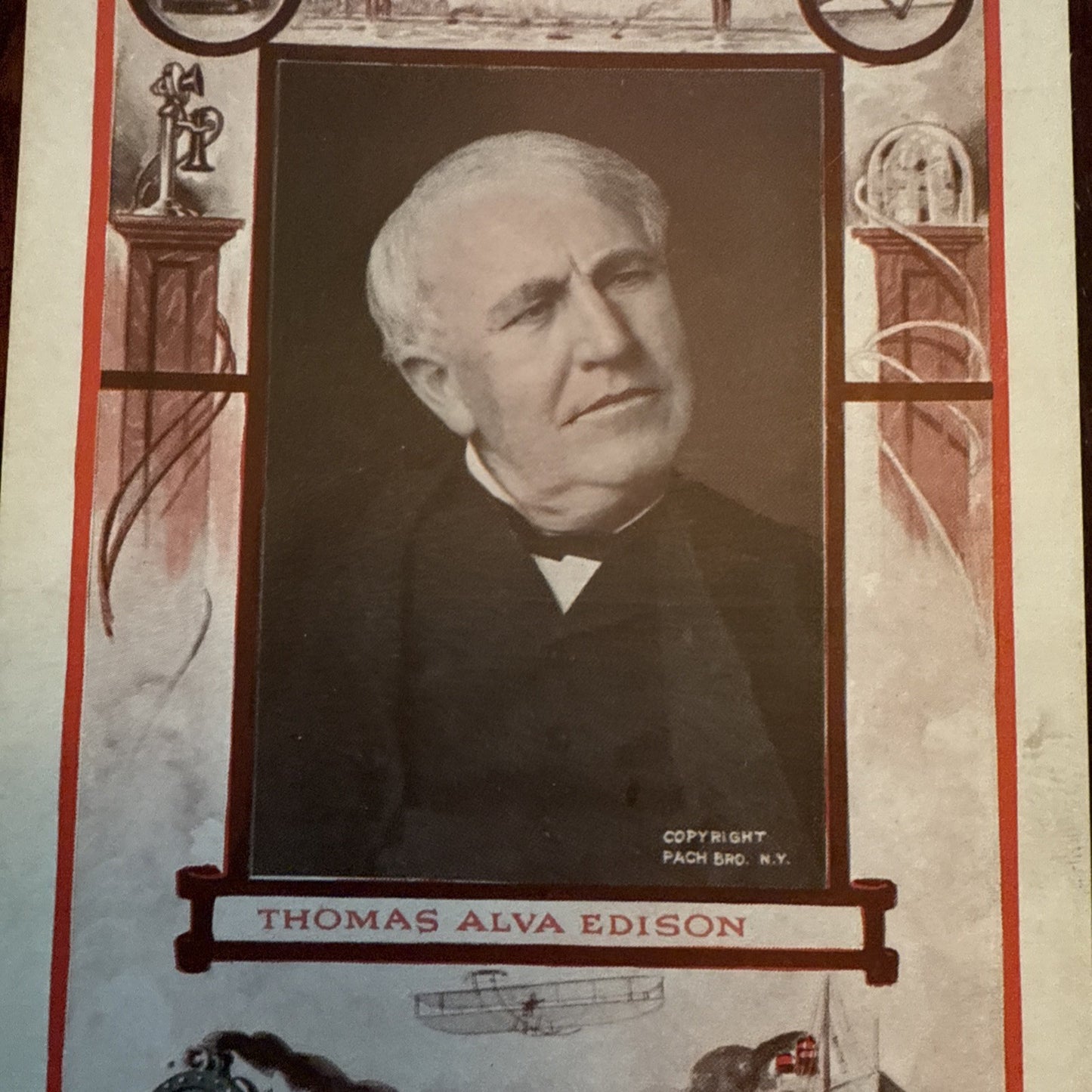 Thomas Alva Edison by J I Austen Postcard Anvil Ship Plane Train c1910's *Scarce