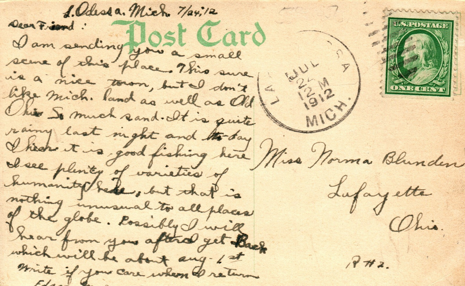 1912 Fishing on Lake Jordan Lake Odessa Mich Michigan MI 