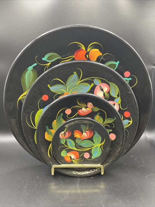 Vintage Wooden Hand Painted Floral Wall Plate Made In USSR Set Of 4