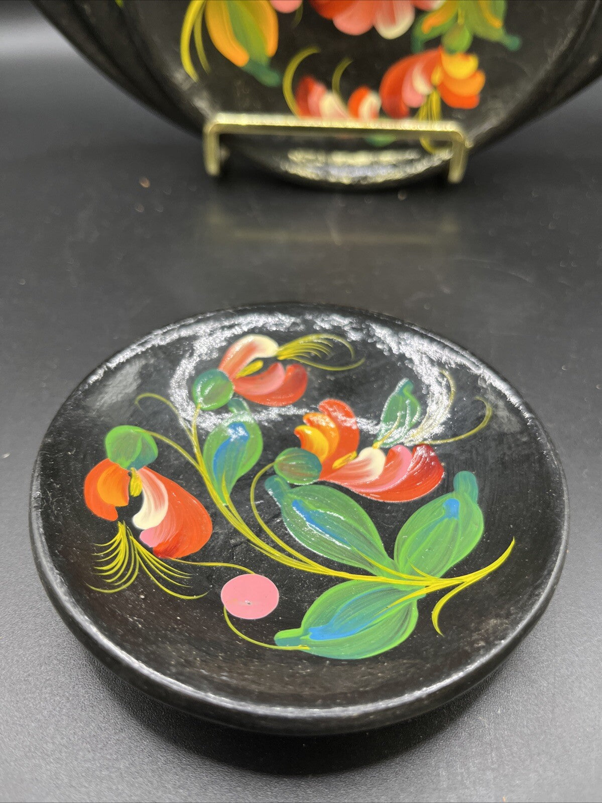 Vintage Wooden Hand Painted Floral Wall Plate Made In USSR Set Of 4