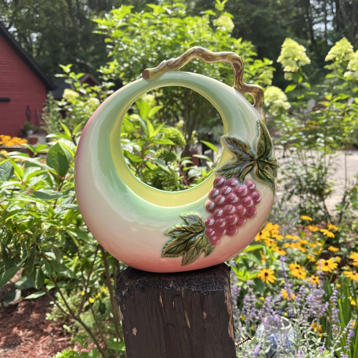 Pottery Tokay Vintage USA  Planter Napkin Fruit Holder Pink Grapes Vine Handle