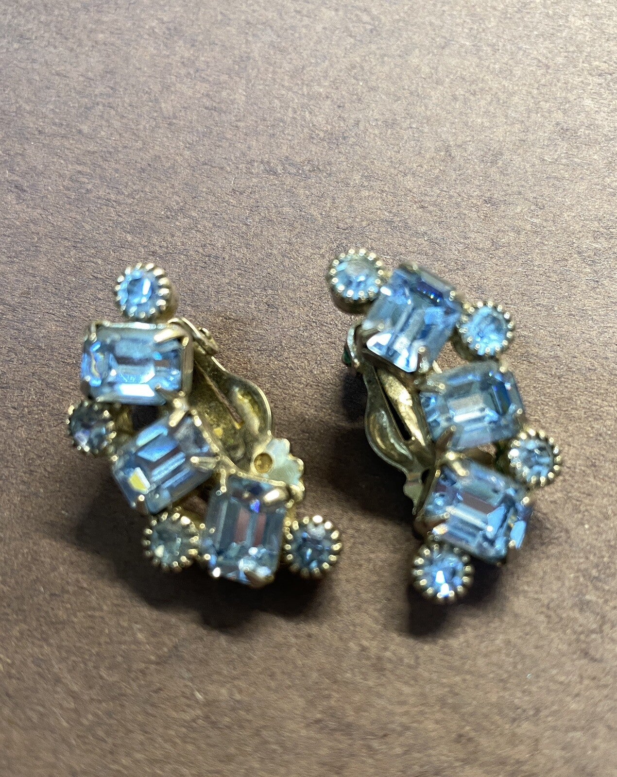 Authentic Vintage WEISS Baby Blue Crystal Rhinestone Clip-On EARRINGS crescent