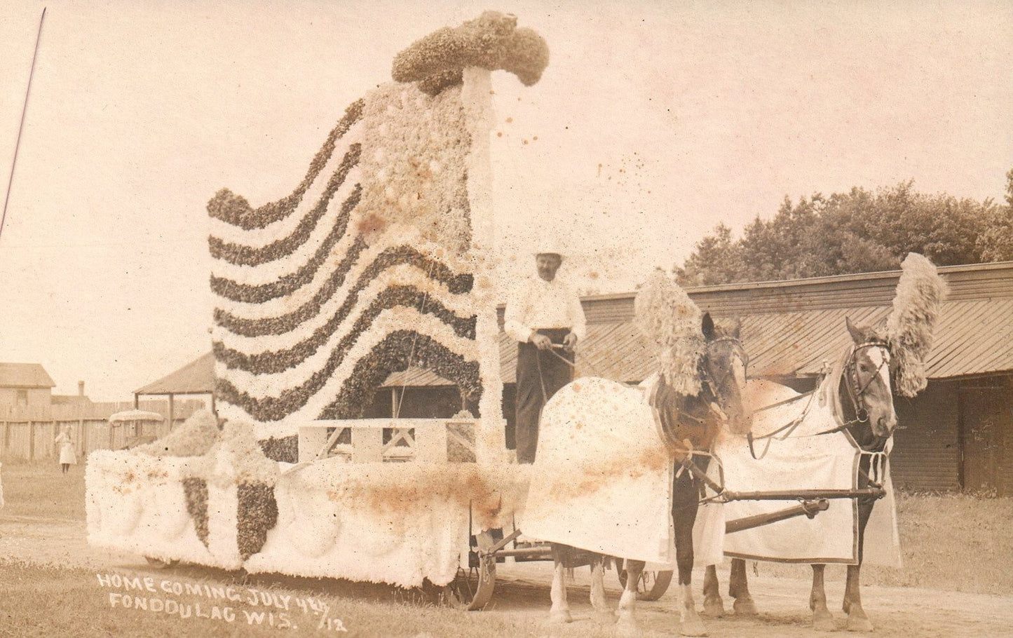 RPPC Real Photo Homecoming FOND DU LAC  WI Wisconsin Patriotic Flag Float horse