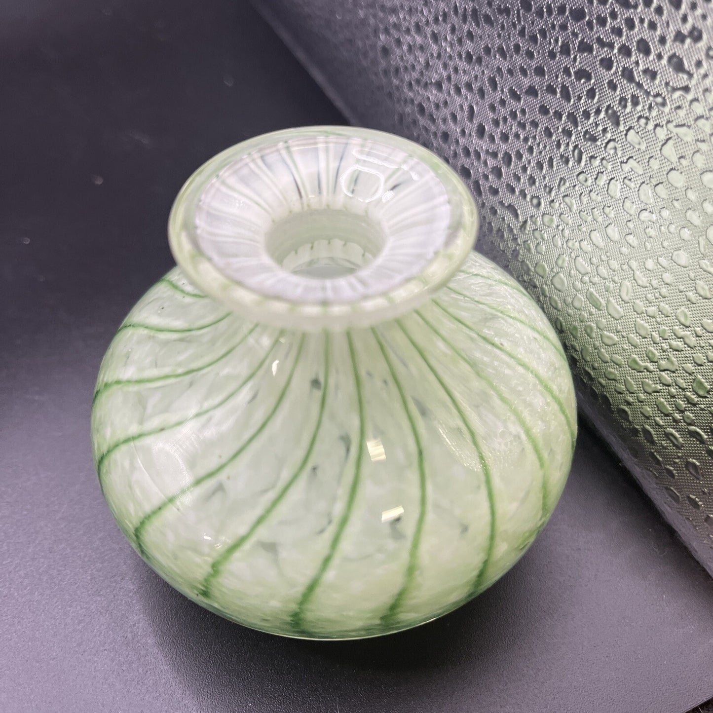 Art Glass Satin Blown Swirl Drape Motif Perfume Bottle Green Clear Stopper Vtg