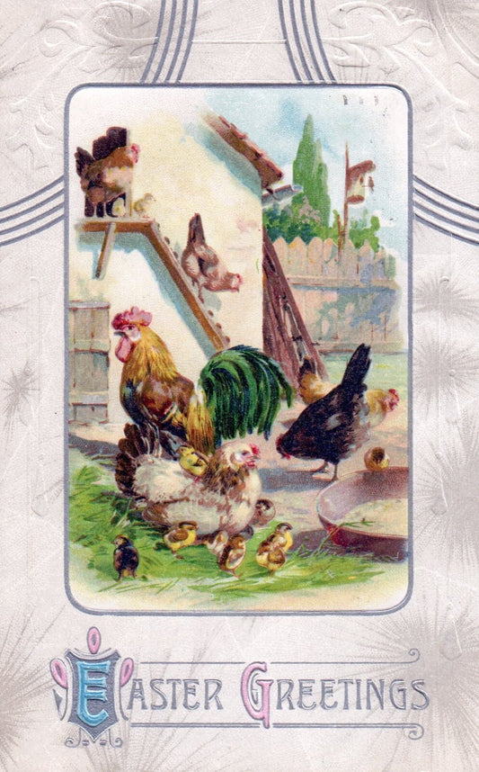 Silver Embossed Chicks Hens Roosters Wondering Outside Easter Greetings Postcard