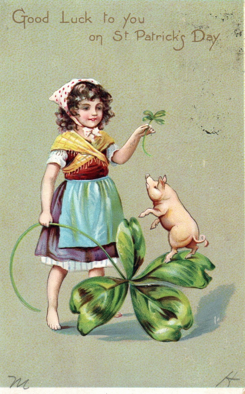 St Pats Post Card Cute Girl Pig Clovers